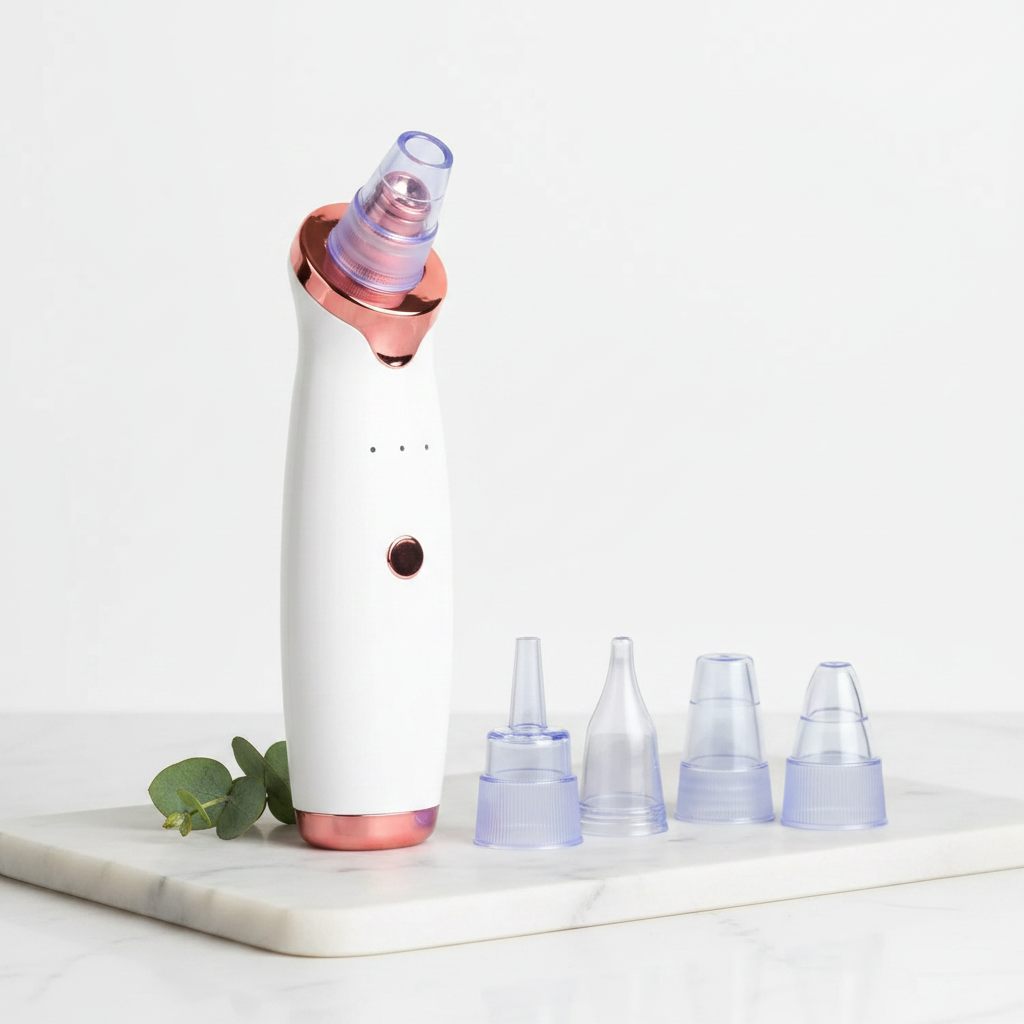Pore vacuum blackhead remover, white handheld with rose-gold nozzle and purple suction head