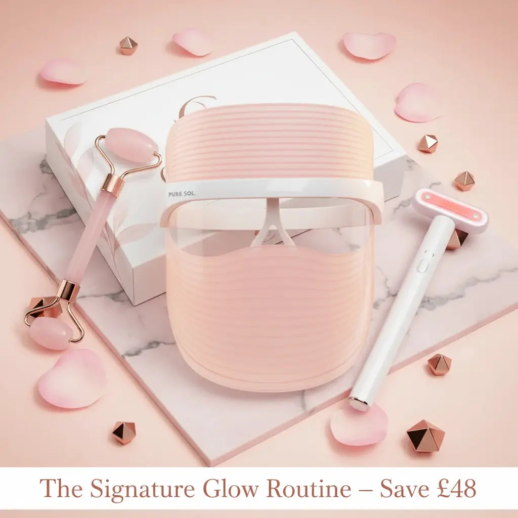 Facial glow routine set with pink gua sha rollers and handheld facial roller tool