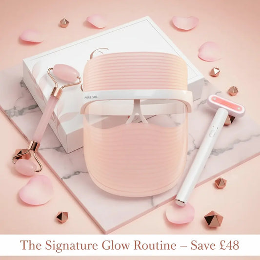 Facial glow routine set with pink gua sha rollers and handheld facial roller tool