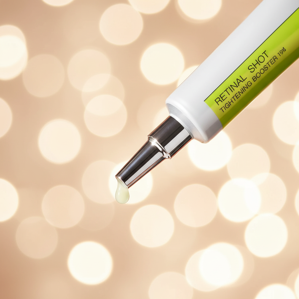 Serum tightening booster dropper dispensing pale gel; white and green tube