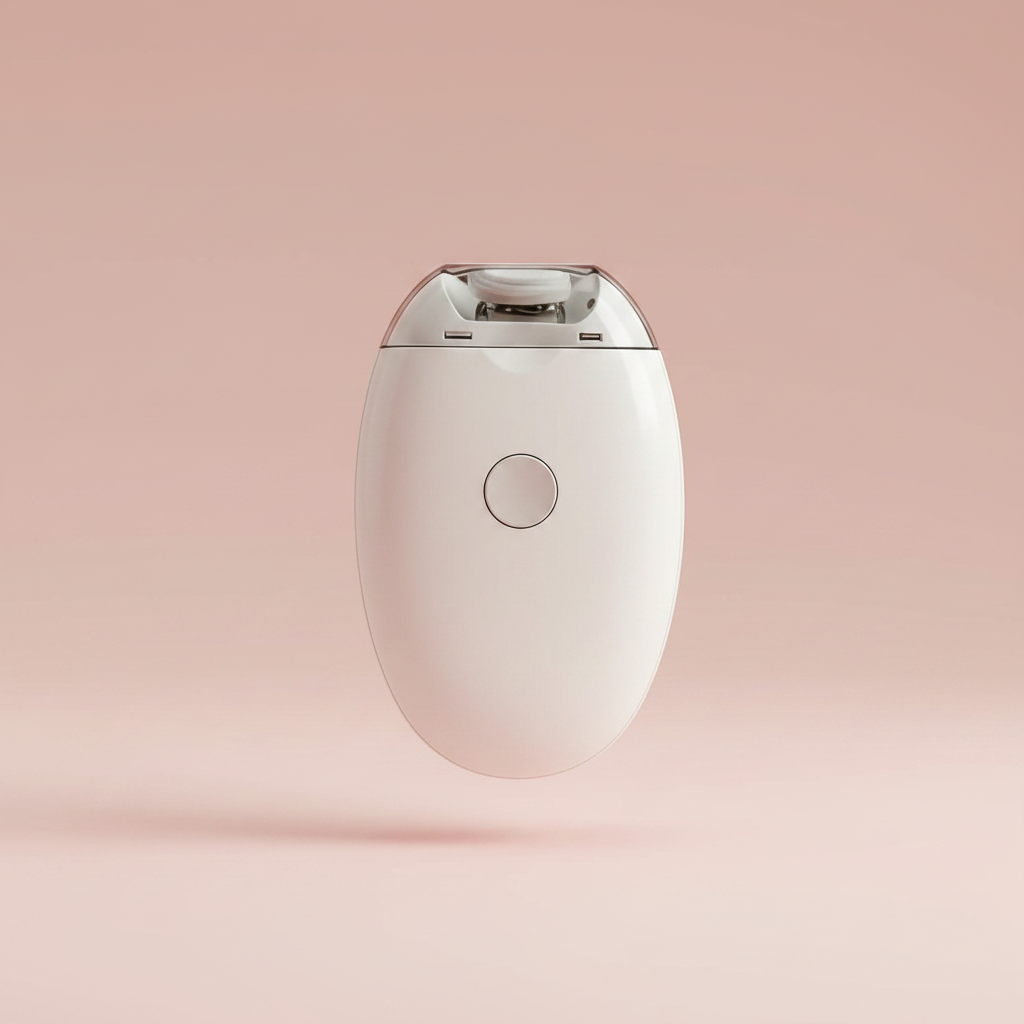 Electric nail trimmer, white handheld device with clear top and centered circular control button