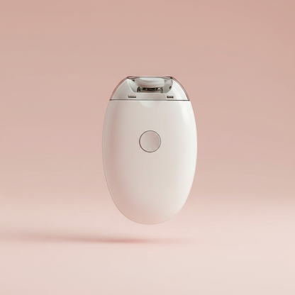 Electric nail trimmer, white handheld device with clear top and centered circular control button