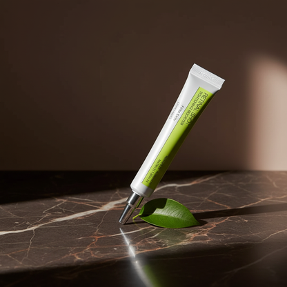 Serum tube with green label lying on dark stone with small green leaf