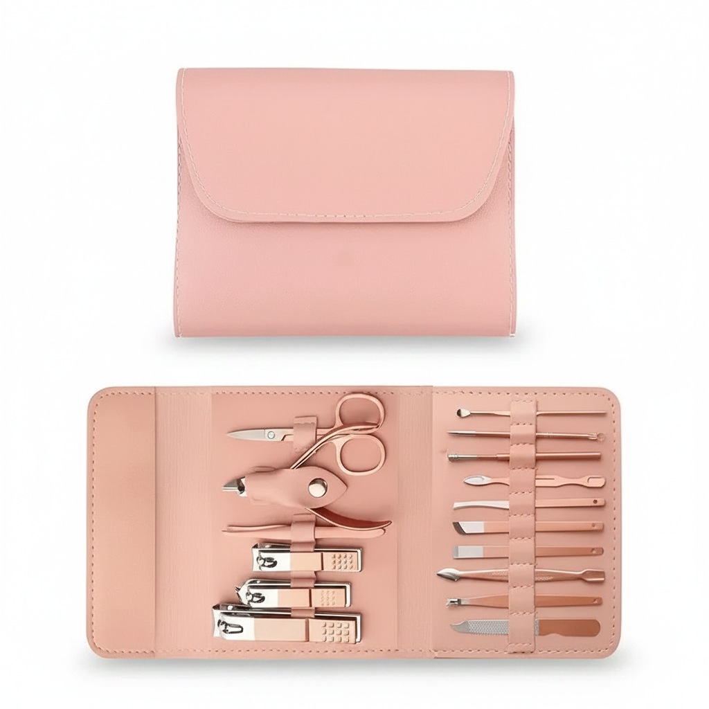 Pink nail clipper set case with rose-gold metal tools, open storage slots inside