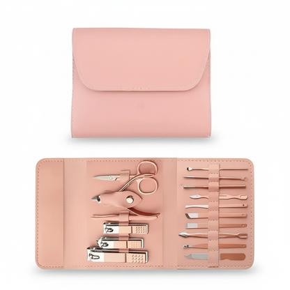 Pink nail clipper set case with rose-gold metal tools, open storage slots inside