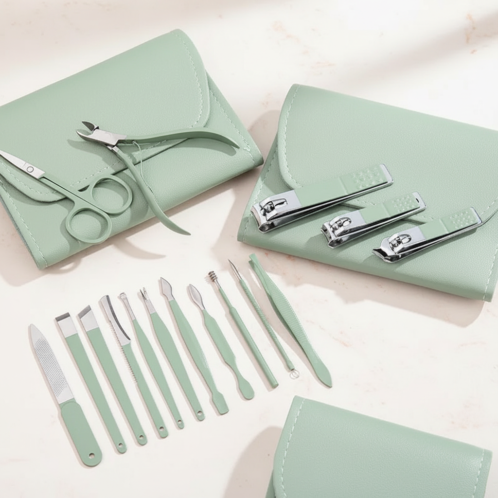 Mint green nail care kit with open case, silver tools and nail file pieces laid out