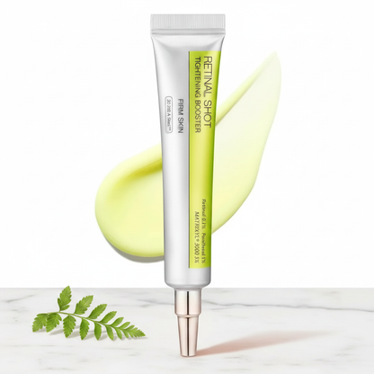 Firming skincare serum tube, white with green vertical label and silver base