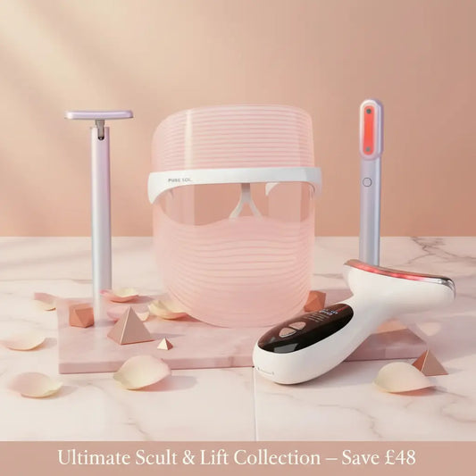 Facial sculpting device kit with white headband and handheld massager
