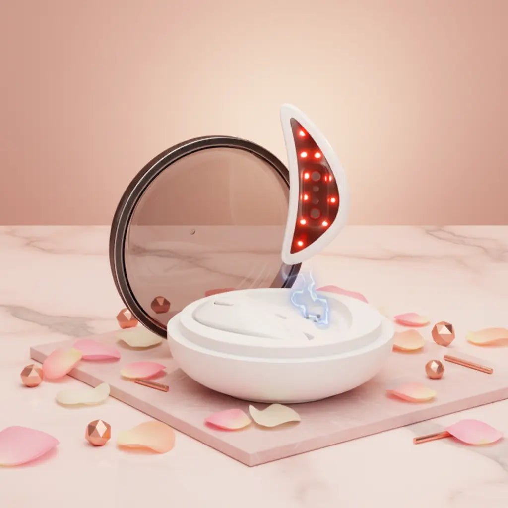 Eye therapy device with illuminated red LED ring and white base on spa tray