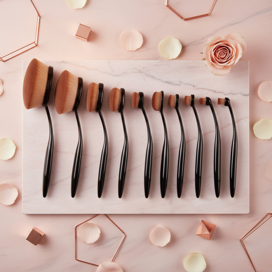 Oval artisan makeup brush set on tray, black handles with gold-brown oval bristles