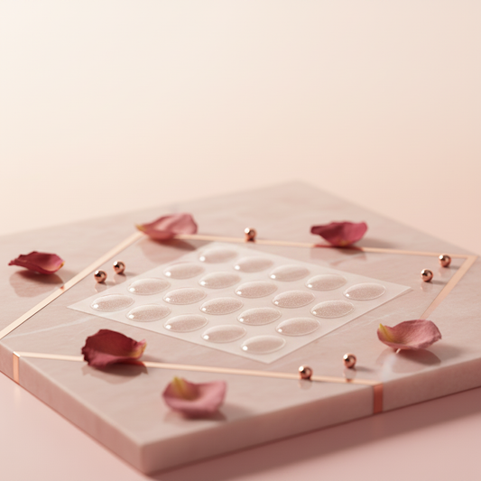 Hydrocolloid pimple patches on clear tray, multiple round beige patches