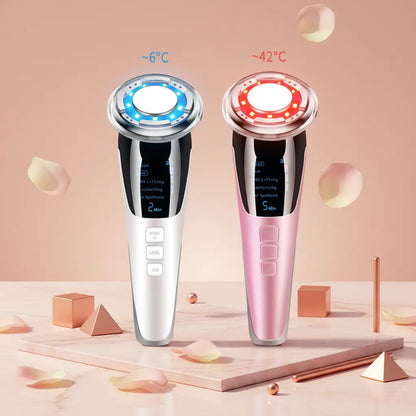 Anti-ageing facial massagers, white and pink, full front view with glowing ring