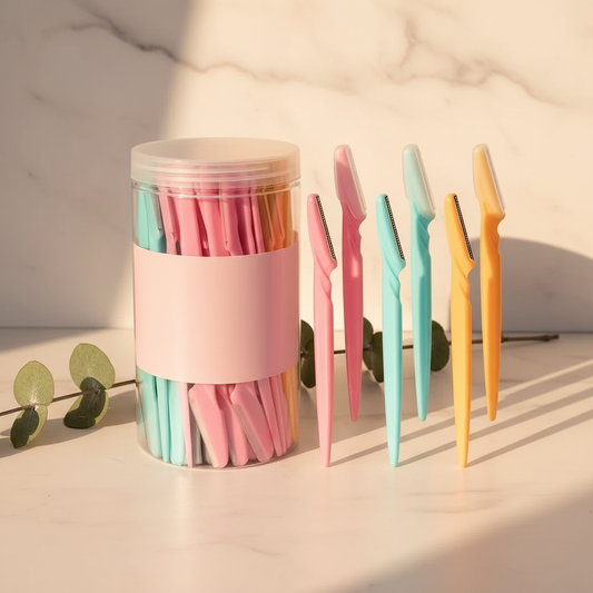 Facial trimming set jar with assorted colored eyebrow trimmers and safety guards