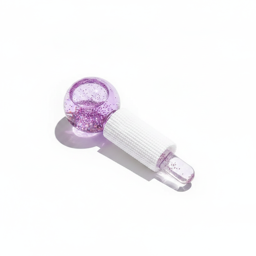 2-piece facial ice globe massager set, purple glitter heads and textured white handles