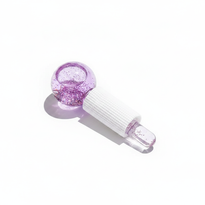 2-piece facial ice globe massager set, purple glitter heads and textured white handles