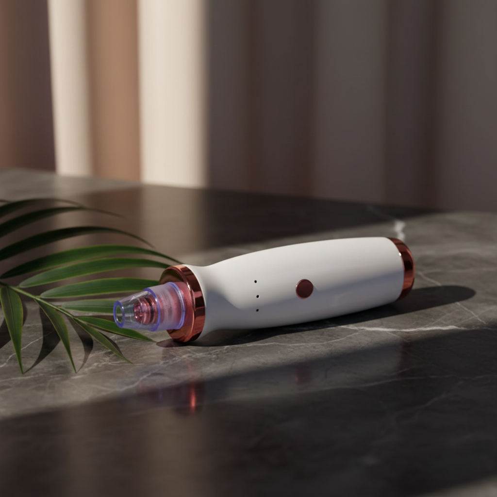 Pore vacuum blackhead remover, white body with rose-gold ring and translucent blue suction head