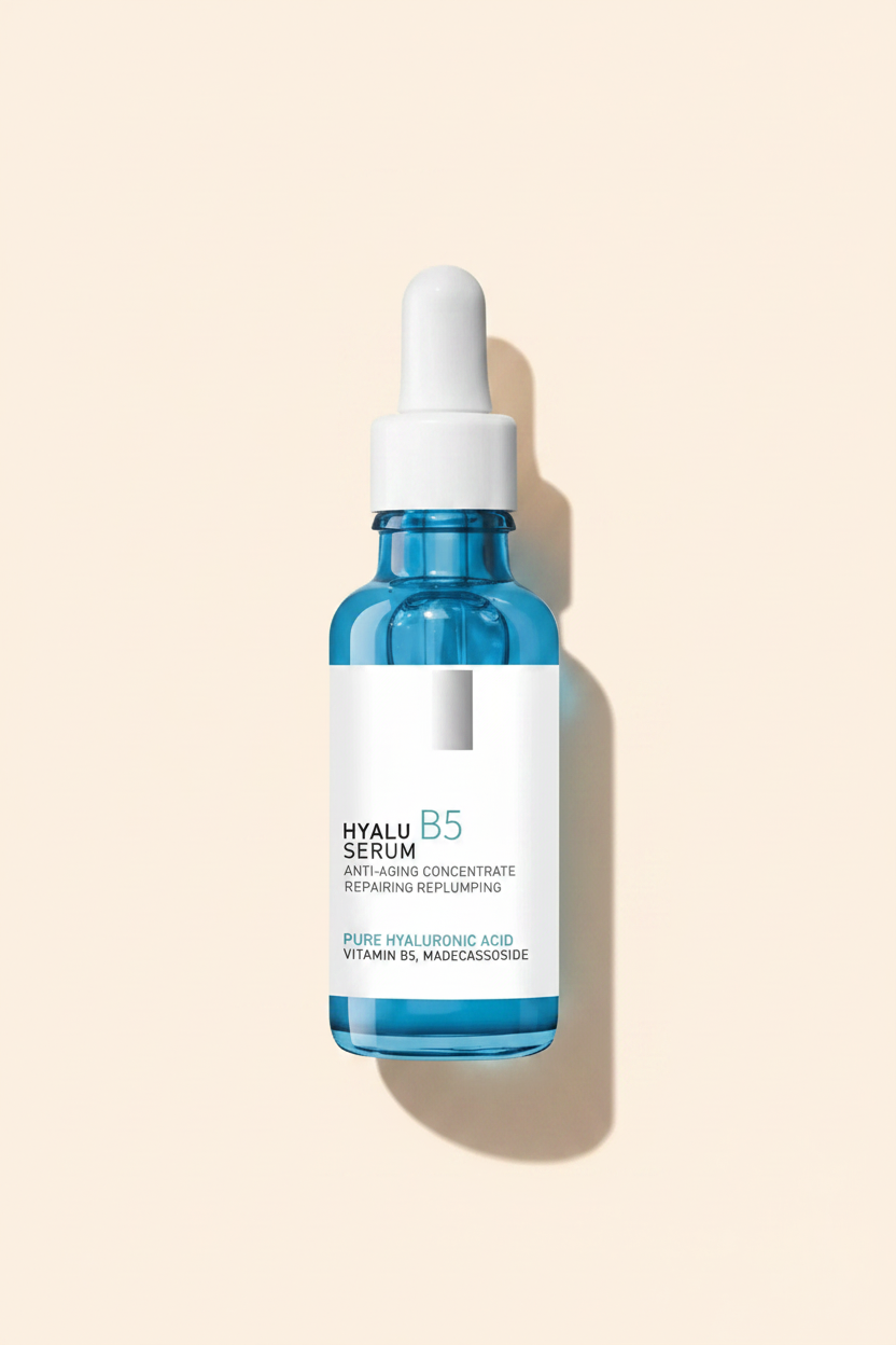 Hydrating serum bottle with dropper, blue glass, Hyalu B5 label on front
