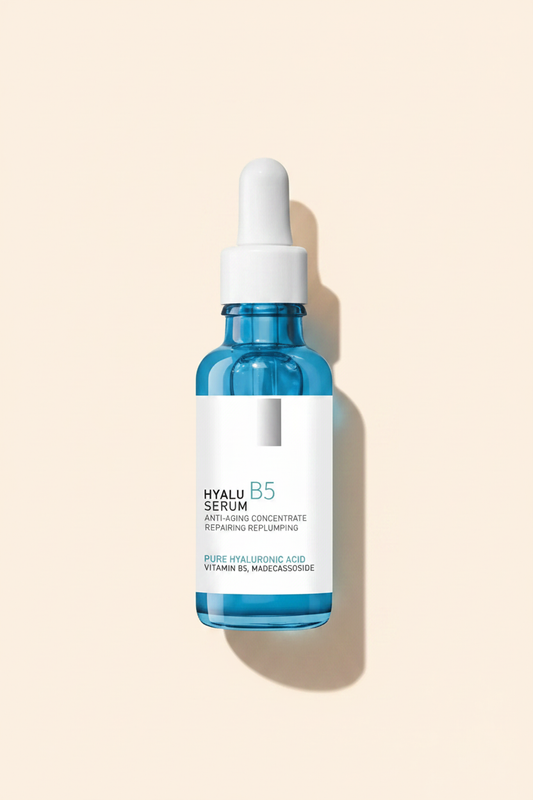 Hydrating serum bottle with dropper, blue glass, Hyalu B5 label on front