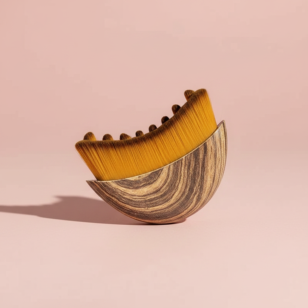 Lymphatic sculpting face brush angled view with golden bristles and wood-toned base