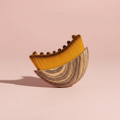 Lymphatic sculpting face brush angled view with golden bristles and wood-toned base
