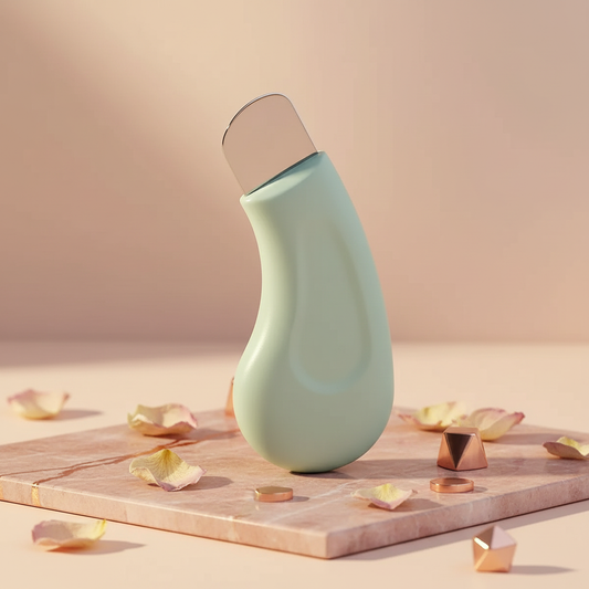 Mint green teardrop facial cleansing tool standing on a wooden surface