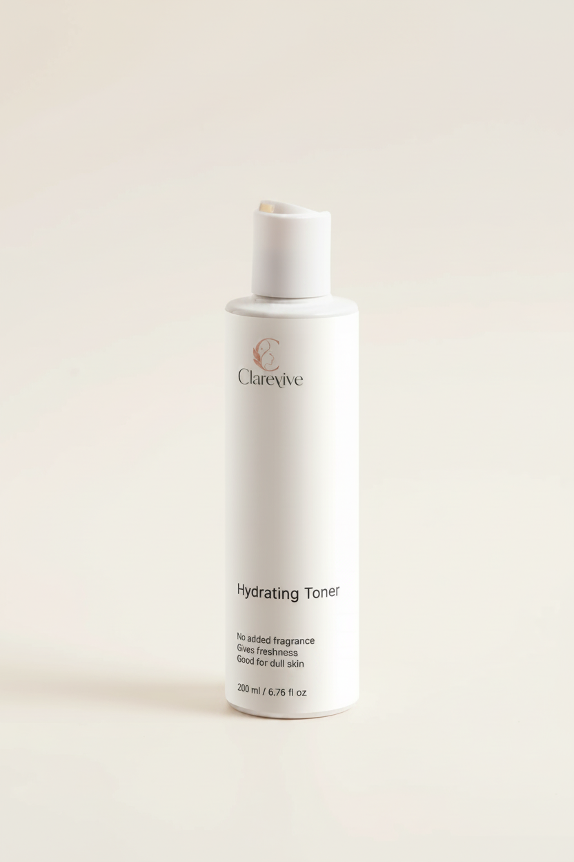Clarevive hydrating toner bottle, white with flip-top cap