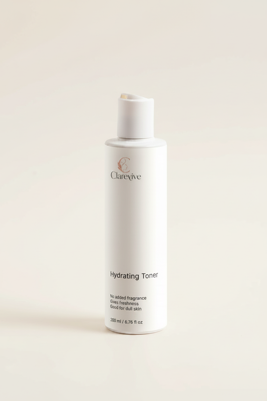 Clarevive hydrating toner bottle, white with flip-top cap