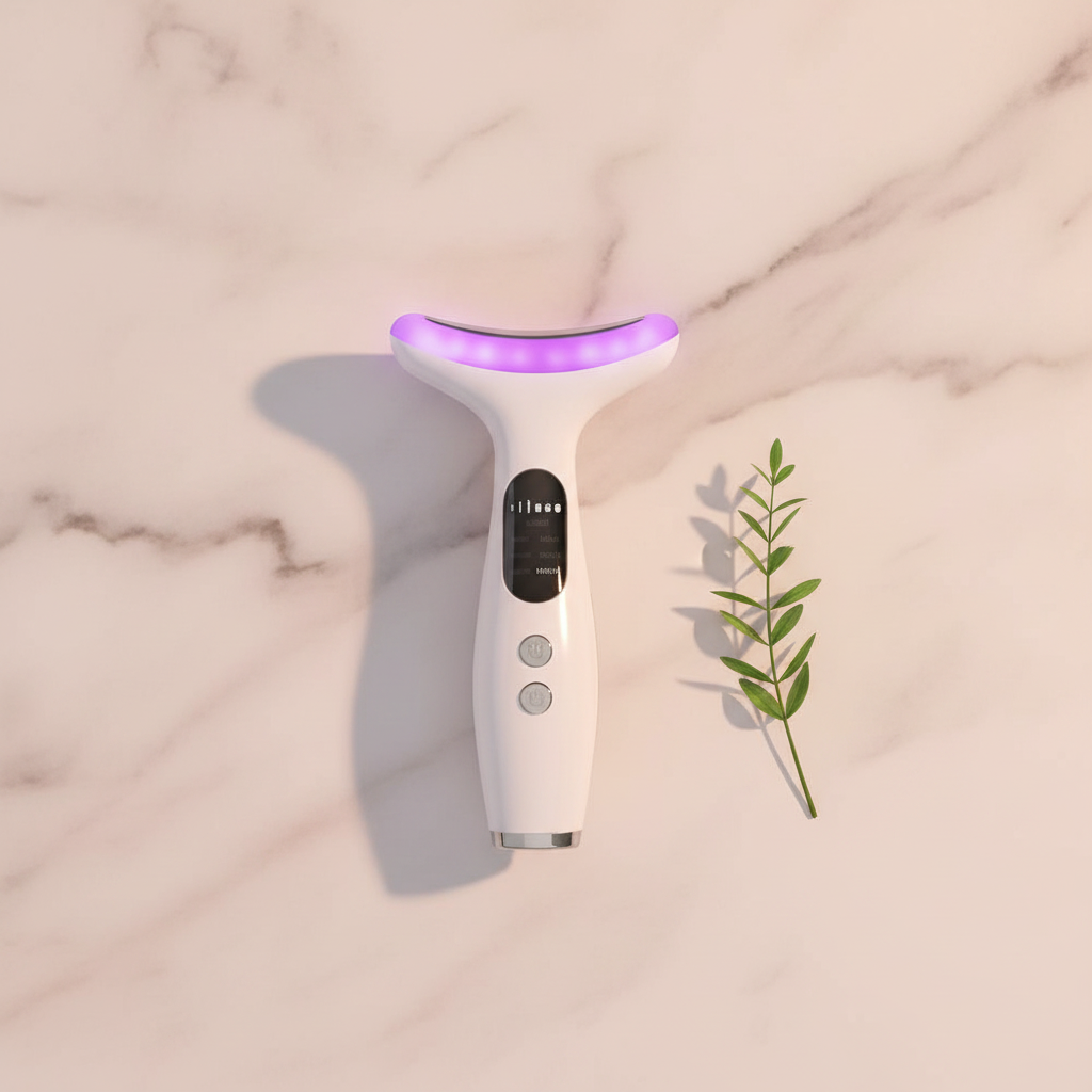 White LED neck and face device with purple light strip, shown from above.