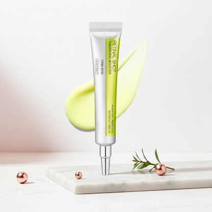 Firming serum tube with green label and silver cap, standing on block